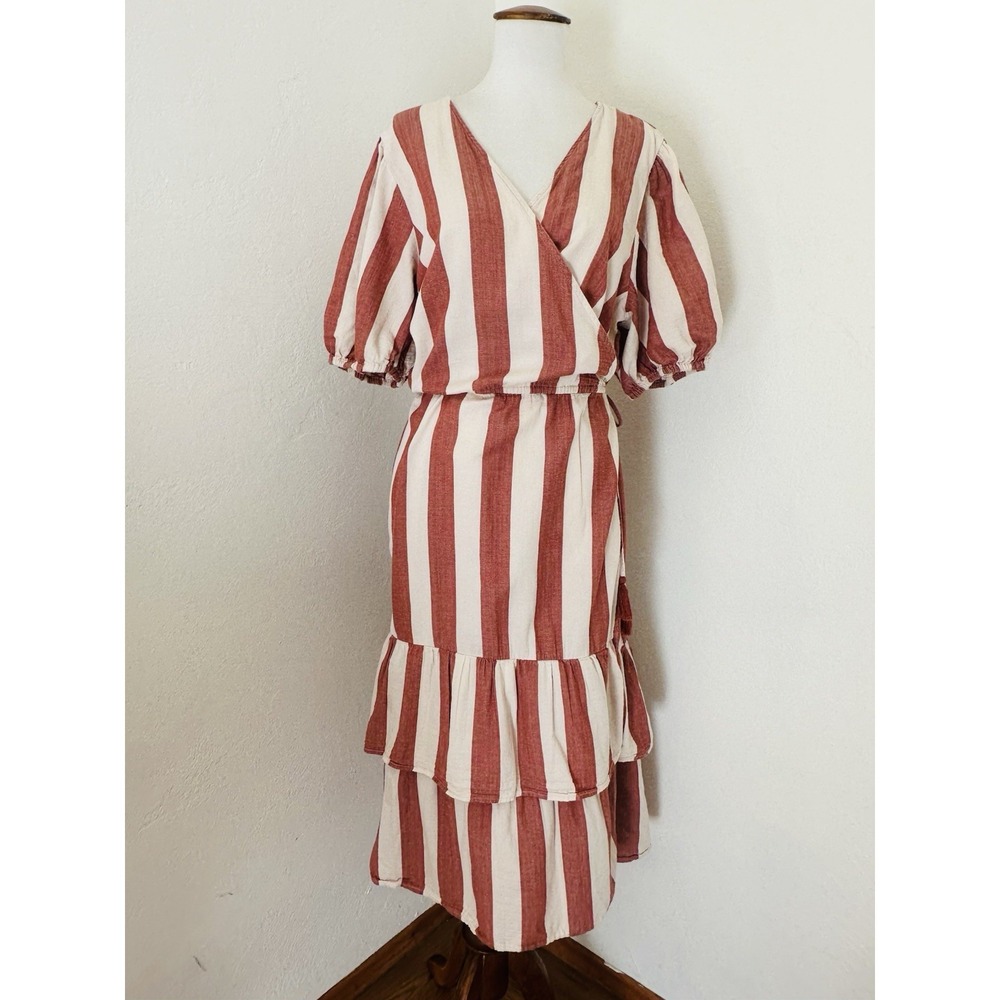 Knox Rose Wrap Dress Womens XXL Stripe Tiered Wrap Cottagecore Midi Puff Sleeves